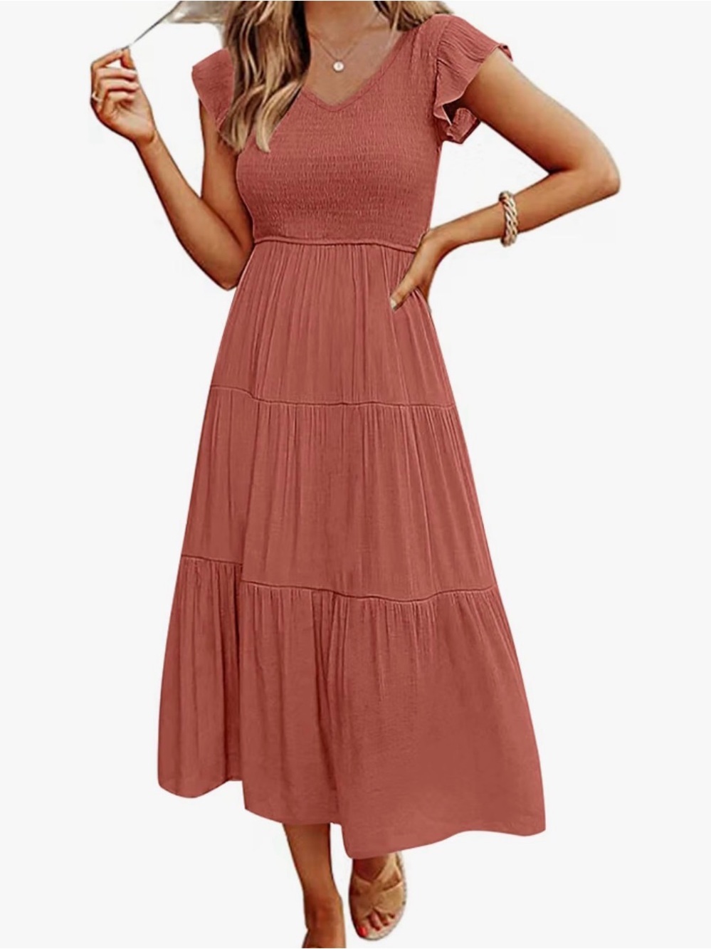 Women’s Flutter Sleeved Smocked V-Neck Tiered Midi Dress - Rust Small